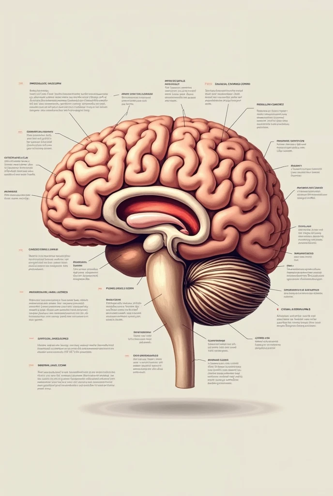 Image to draw the parts of a brain that include the spinal cord, diencephalon, cerebellum, midbrain and cerebral hemisphere. (With the parts marked and their names respectively)
