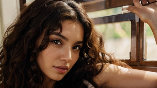 woman curly hair, brunette skin ,native brazilian , Brown eyes