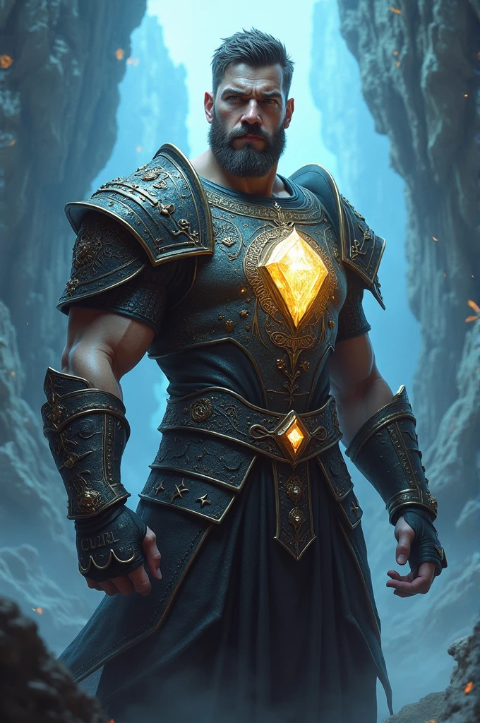 A strong male warrior with a large crystal on his chest