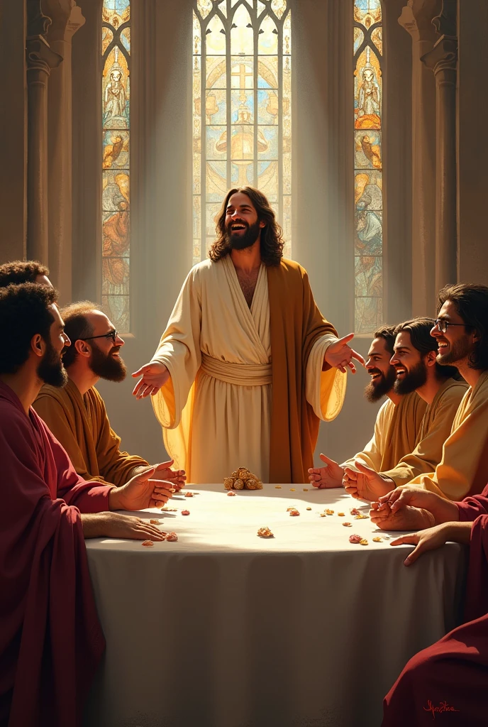 Jesus  debout riant avec ces disciples son assis dans une eglise sur une table 