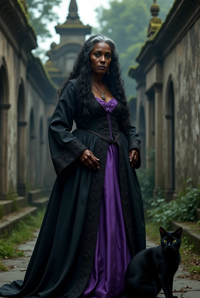 An old black Brazilian woman, serious appearance long hair in a cemetery purple and black period dress. With a black cat