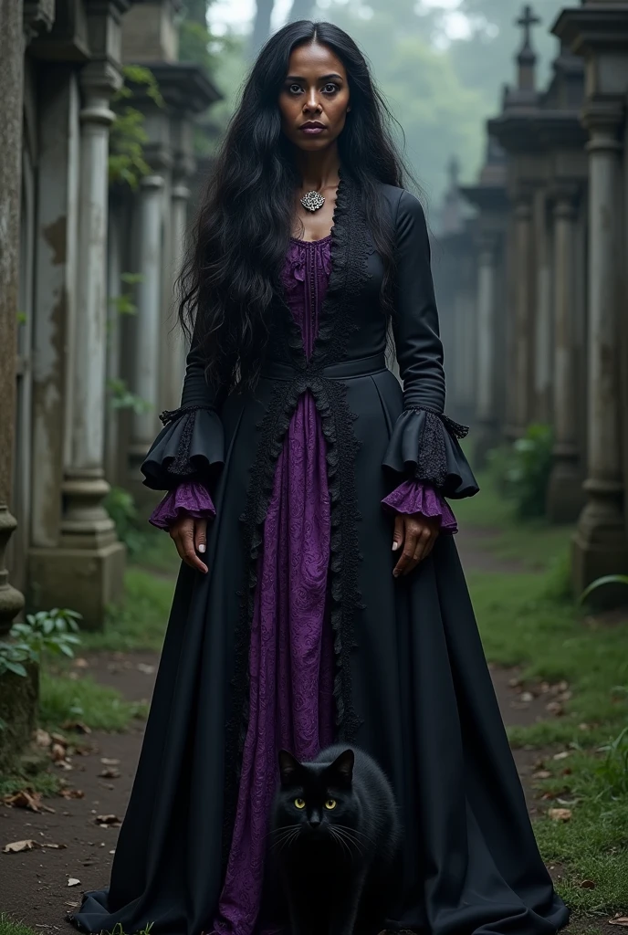 An old black Brazilian woman, serious appearance long hair in a cemetery purple and black period dress. With a black cat