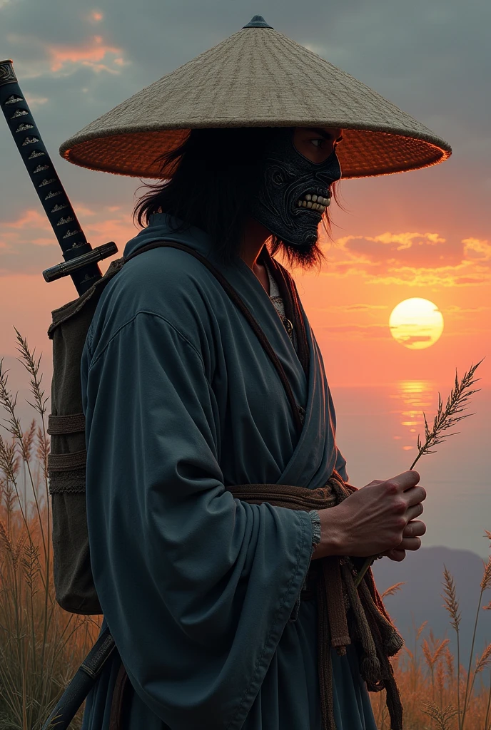 Crie uma wallpaper de uma samurai hermit com uma katana na cintura, and a small sprig of grass between the lips, make it so that it looks like he is looking at the horizon at dusk, with his hand on his sword and wearing stylish rags and a kasa straw hat he also wears a Japanese demon mask 