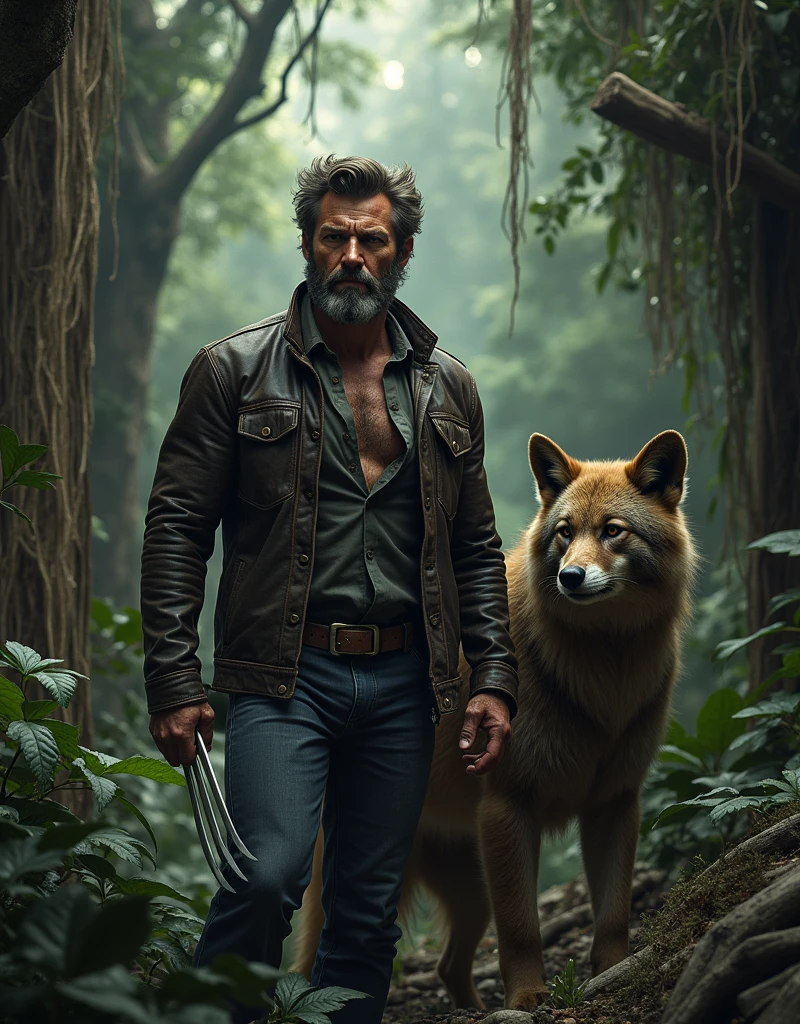 Logan an his wolverine pet at his hideout in the jungle