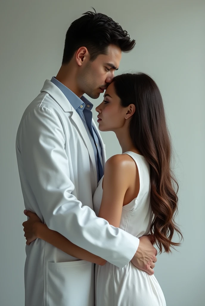 Tall Caucasian doctor with black hair holding a beautiful brunette girl by the waist with a great connection between them