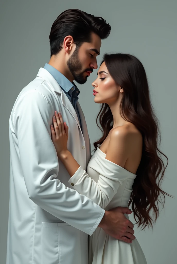 Tall Caucasian doctor with black hair holding a beautiful brunette girl by the waist with a great connection between them