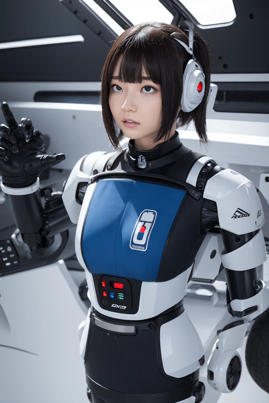 masterpiece, best quality, extremely detailed, Japaese android girl,Plump ,control panels,android,Droid,Mechanical Hand, Robot arms and legs,Blunt bangs,perfect robot girl,long tube,thick cable connected her neck,android,robot,humanoid,cyborg,japanese cyborg girl ,robot-assembly plant,She has assembled now,assembly scene,chest monitor,rolling eyes