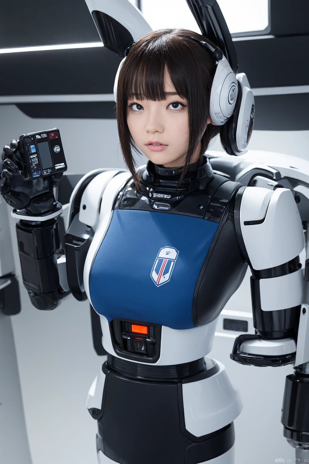 masterpiece, best quality, extremely detailed, Japaese android girl,Plump ,control panels,android,Droid,Mechanical Hand, Robot arms and legs,Blunt bangs,perfect robot girl,long tube,thick cable connected her neck,android,robot,humanoid,cyborg,japanese cyborg girl ,robot-assembly plant,She has assembled now,assembly scene,chest monitor,rolling eyes