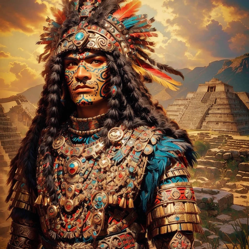 A close-up of a one-eyed cyclops-type person, dressed in a feather costume, aztec warrior yaotl, azctec warrior, aztec warrior, Rich Aztec jaguar armor, an aztec warrior, Mayan Jaguar Warrior, aztec god, Aztec warrior with jaguar mask, Aztec warrior goddess, aztec mythology, mexican warrior, ancient warrior, aztec princess portrait, Maya style, mayan god, Aztec fantasy