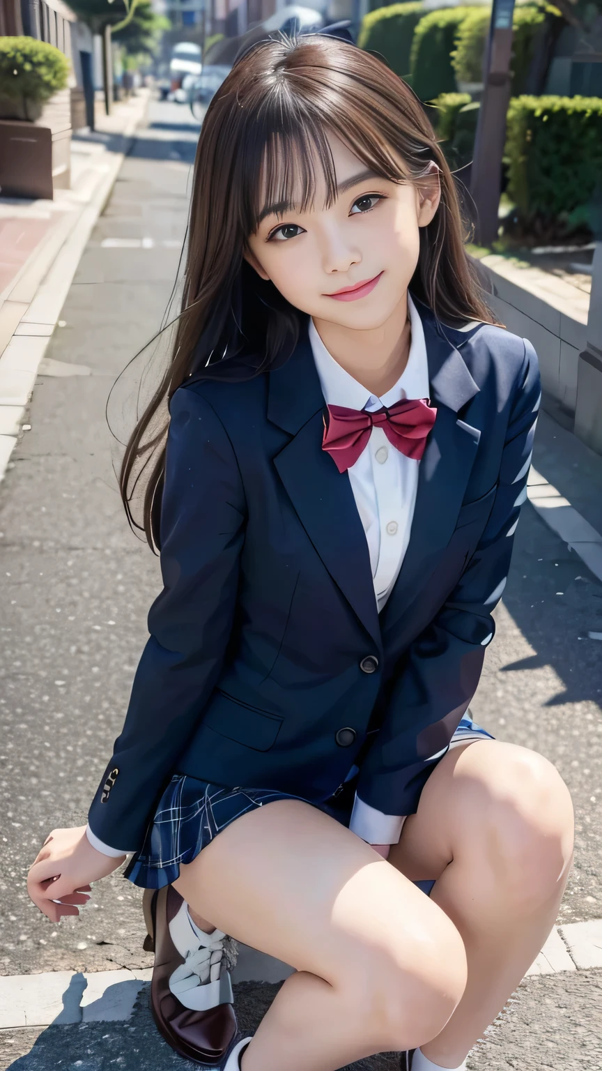 Masterpiece、Best Quality、Illustration、 Super detailed、Fine details、 High resolution、8K Denden Wallpaper、Perfect dynamic composition、17 year old beautiful girl、A neat and clean high school girl、Detailed beautiful face、Detailed beautiful eyes、Textured skin、A shy smile、Small breasts、Bold sexy pose、Navy blue school blazer uniform、White shirt with red bow tie、Sidewalk with street trees、