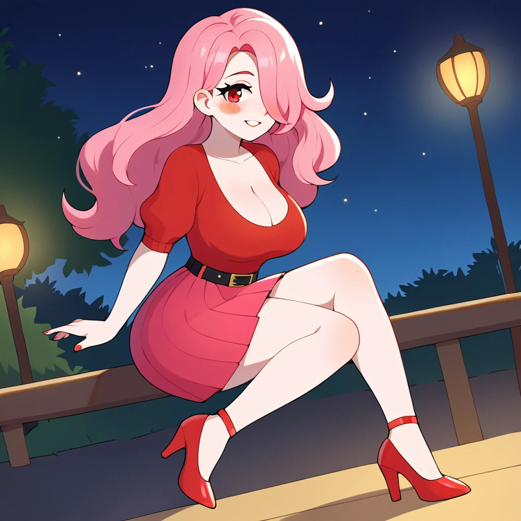 score_9, score_8_up, big chest,((white skin)),((pink hair)), ((1girl)), 1girl, (((solo))), mature woman,, light-skinned 8k,highres, best quality,1girl,kandyl, night, street, store light, pink hair, long hair, hair over one eye, red eyes, blush stickers, ((micro pink skirt 1:1))),((red high heels)), red blush,((( Hatterene))), blue_hair, blue_skin, hair_over_one_eye,A mystical sorceress stands alone in a whimsical forest glade. The mature woman's light- skinned face is framed by pink locks cascading over one eye, her red eyes gleaming with subtle intensity. A flush of crimson blush adorns her cheeks, as if kissed by the forest's magic. She dons a micro pink skirt and matching heels, her long hair flowing behind her like a river of wonder. The air is filled with the sweet scent of blue flowers, her blue skin glowing softly in harmony with the Hatterene's mystical energy.
