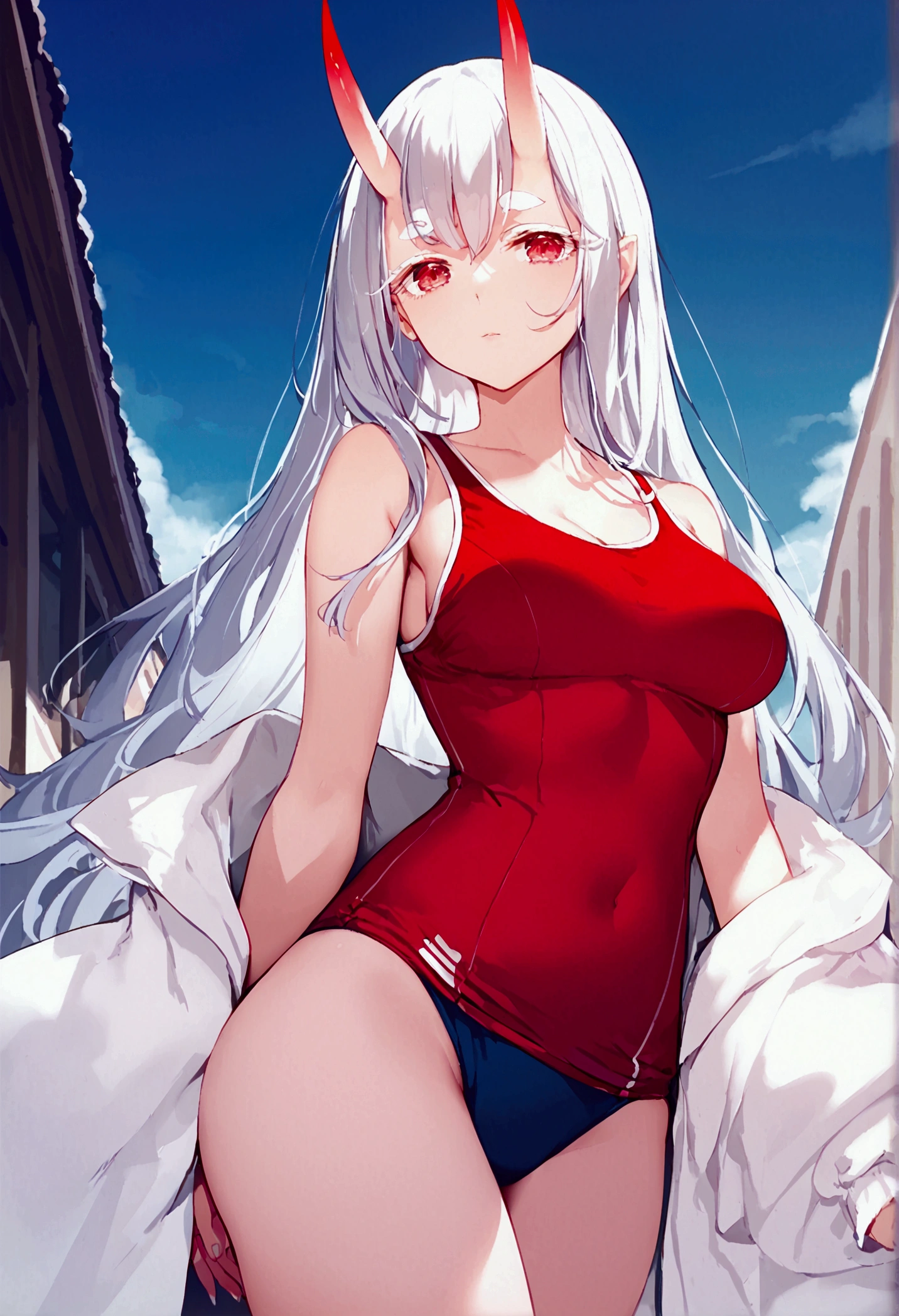 score_9, score_8_up, score_7_up, source_anime, (masterpiece), best quality, expressive eyes, perfect eyes, perfect face, oni girl, oni horns, red eyes, soft lips, long hair, veru long hair, wide hips, (white hair:1.4), (white eyebrows:1.3), (white eyelashes:1.3), medium breasts:0.5, higuchi madoka, big breasts:0.3, background: City, front view, red one-piece swimsuit, swimsuit, school swimsuit