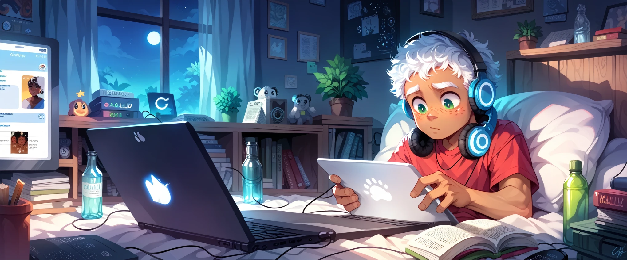 ((Boy)), ((Dark Skin)), ((Freckles on Face)), black curly hair, white streak, ((Studying)), bedroom, ((Calm)), ((Chill)), ((Headphones)), ((Laptop)), ((Monitor)), Night, Bottle, Desktop, ((Hacking)), ((Hacker)), Tech, HD, High Resolution, 4K