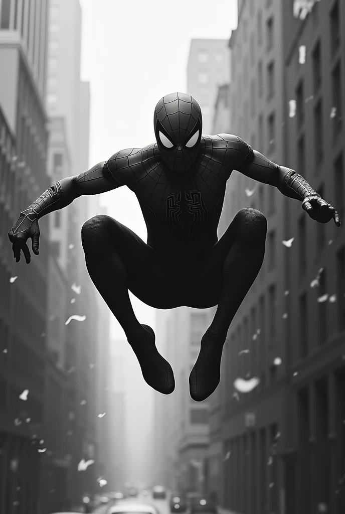 spider man falling from the sky black and white but with two hands but free falling and looking at me
