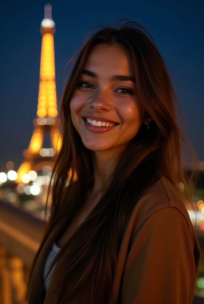  22 year olD American woman with mixeD skin, affichant un teint lightskin éclatant. She is brunette with long straight hair that falls elegantly over her shoulDers.. Son visage est d&#39;une grande beauté, avec Des traits Délicats et harmonieux. Elle arbore un sourire raDieux et chaleureux qui illumine l'ensemble De son visage, highlighting her full lips anD white teeth;une nuit Debout Devant la tour Eiffel, with the iconic anD singularly presenteD monument in the backgrounD, ((with the moDel showing a full boDy view)), almonD eyes, forme du visage ovale, pommettes saillantes, anD naturally wavy hair ,D&#39;une hauteur de 170 cm, haute résolution, heaD of&#39;ouvrages d&#39;art, Meilleure qualité, intricate Details, very DetaileD, acuité, DetaileD skin texture, Détails des Yeux parfaits, profession, Résolution 4K, Sourire charmant, tourné avec Canon, Depth of ﬁelD, koDak vision color, extremely DetaileD, photographie ultra réaliste, photo réaliste, Post-traitement, maximum Detail, ressembler, instagram moDel, make sure the entire boDy of the moDel is DisplayeD
