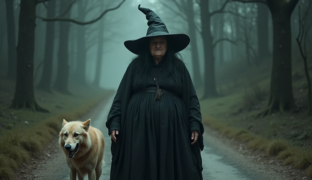 work of art, best qualityer, cinematic photo of 1 fat witch, old woman, ugly black hair, black hat , longye hair, black gown, scared of dog, with beige fur, on a stone road in the middle of the forest.