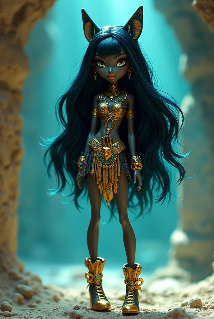 Monster high cleo di Nile with outfit inspired by the God Anubis with blue-green colors, with jackal ears, with gold and black clothes Draw with the face of monster high dolls, small breasts and black hair with light blue highlights Full body doll, gold shoes with colorful embellishments dark skin tone, dark brown, yellow eyes, clothing must cover the bust and show the legs, skirt short
