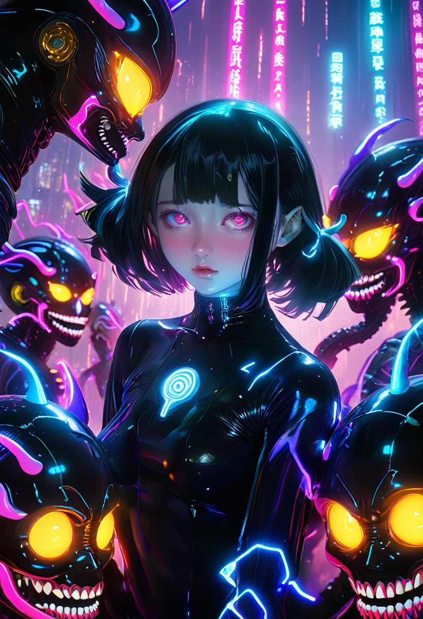 surreal horror, anime style, directed by Junji Ito, high contrast, vivid colors, eerie atmosphere, psychological tension, intricate line work, nightmarish creatures, neon horror, cyberpunk, vibrant colors, anime-inspired, bioluminescent lighting, high contrast, surreal atmosphere, detailed textures, glowing eyes, electric energy