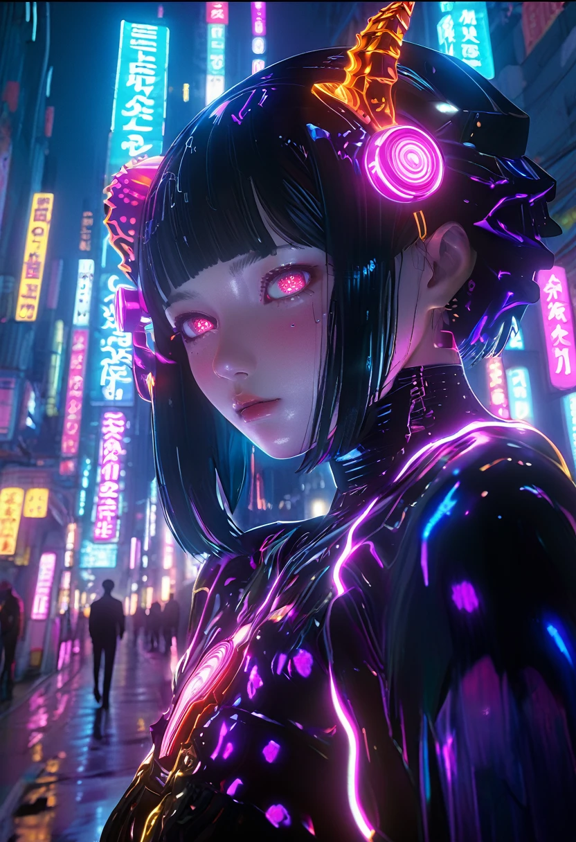 surreal horror, anime style, directed by Junji Ito, high contrast, vivid colors, eerie atmosphere, psychological tension, intricate line work, nightmarish creatures, neon horror, cyberpunk, vibrant colors, anime-inspired, bioluminescent lighting, high contrast, surreal atmosphere, detailed textures, glowing eyes, electric energy