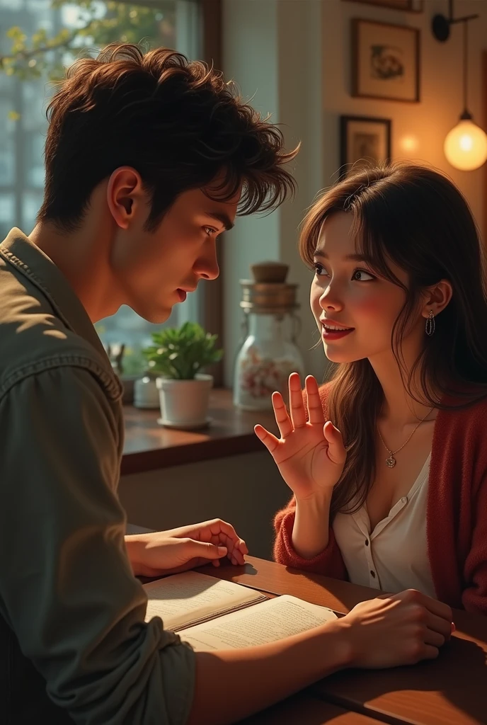 Image of a young man meeting a young girl and being impressed by her story, the most realistic image