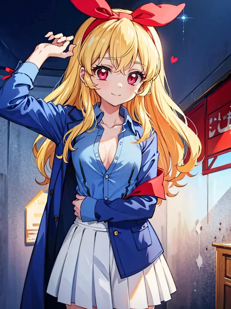 (ero:0.72),aikatsu,(RED Ribbon on HAIRband:1.2),(masterpiece, best quality), cowboy shot, BREAK , ,Medium_breasts, (blonde hair), red eyes, (Beauty skin:1.3), heart neckless, BREAK school uniform, (shirt tucked in, white collared shirt:1.3), black mini skirt, BREAK (unbuttoned Blue Jacket:1.5), sleeves past wrist, collarbone, BREAK black_bra:1.8,handpull,pulled by self,clothes pull,shirt pull:1.8,cleavage:1.8,selfie,smile,blush,cowboy shot,showing_bra:1.8, (unbuttoned shirt:1.9),Ichigo Hoshimiya (Aikatsu!)