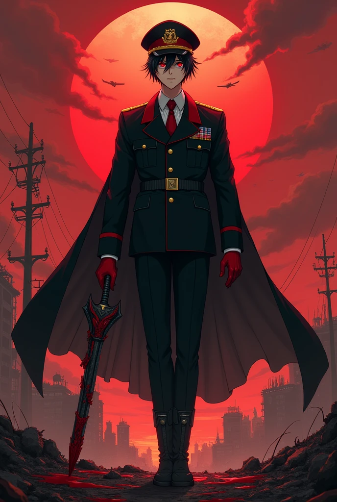 A fair-skinned man with black hair and blood-red eyes is wearing an all-black military sergeant suit with a red tie and a white shirt. He is wearing red latex gloves and black military boots.. He is wearing a cap that has a golden coat of arms with a war symbol. He has a cape made of bloodstained paper dolls.. He is holding a bizarre sword. He is a red horse with black corner and yellow eyes. The place he is in is a complete war zone with faceless military soldiers, destroyed houses, warplanes. Its reddish color must be anime