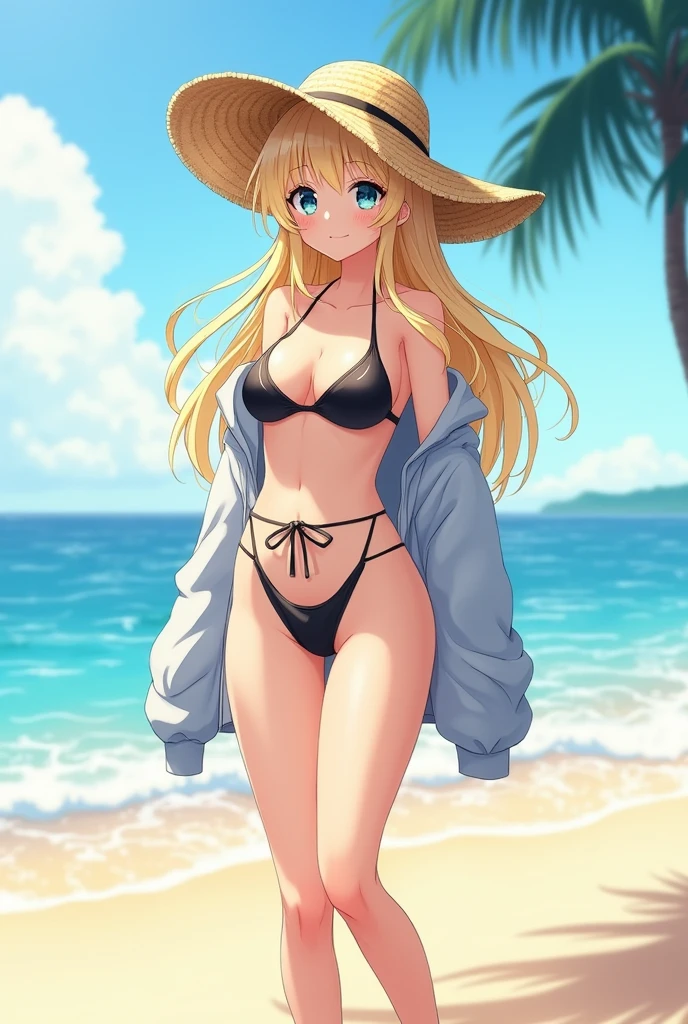 (photoanemism:1.2), beautiful anime girl, blonde hair, long hair, at Beach, Straw hat, fashionable swimsuit with unique design, swim jacket tied around waist , Long angle that focuses on the girl, special effects, fashionable pose