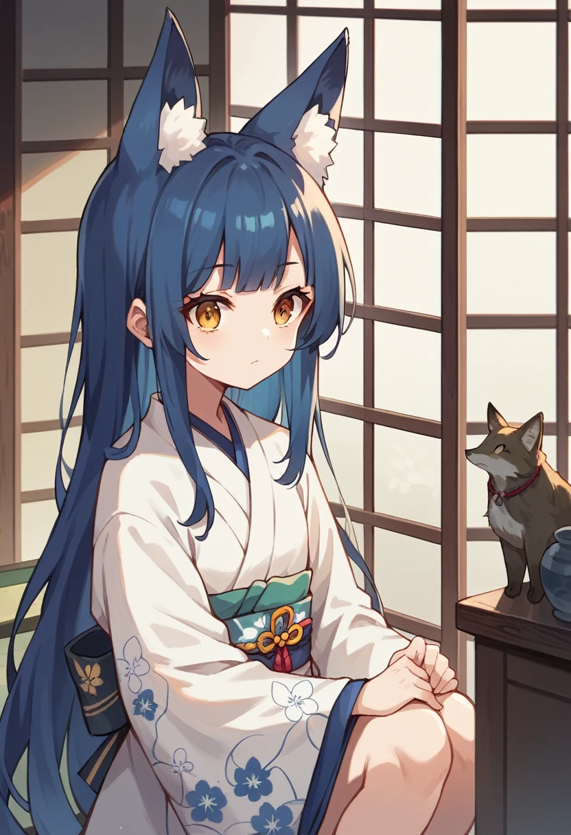 (masterpiece:1.2, Highest quality),(Anime Style),Visible from the knees to the head, Young Girl,Animal ears,Fox Ears,Golden Eyes,Navy Blue Hair,Long Hair,Cropped bangs,White floral kimono,Japanese-style room