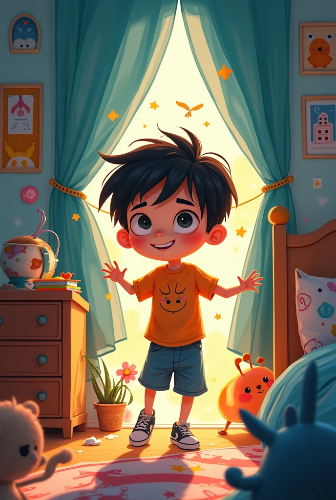 Make a boy in his sister's room where the boy breaks his rule by playing in 2D animation and without movement