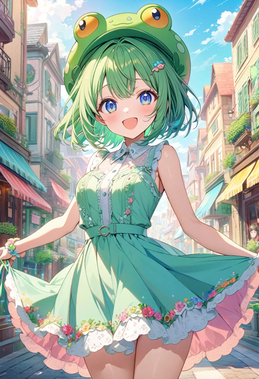anime girl, short green hair, Green frog-shaped hat, ultra detailed, vivid colors, green dress, pastel colors, blue eyes, happy