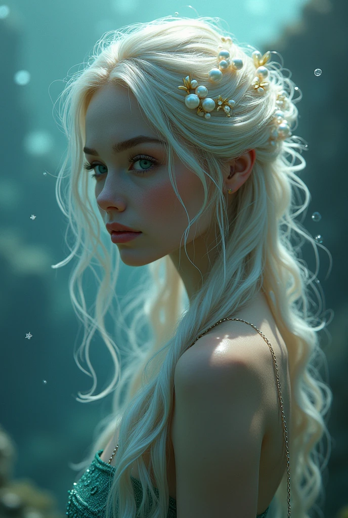 create an image of a mermaid with hair with several pearls
