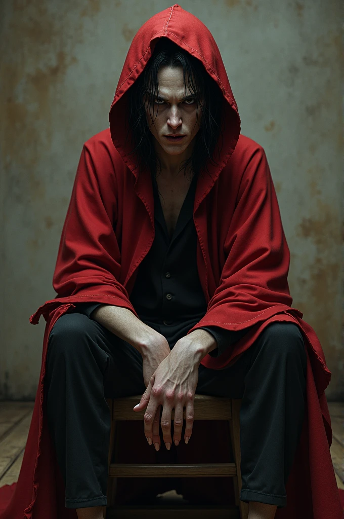 naughty man, Japanese mystic, dark brown eye, gross mouth, Scrawny, red hood, sitting down on chair, Bblack hair, height 1,63 meters, thin chin small cheekbone