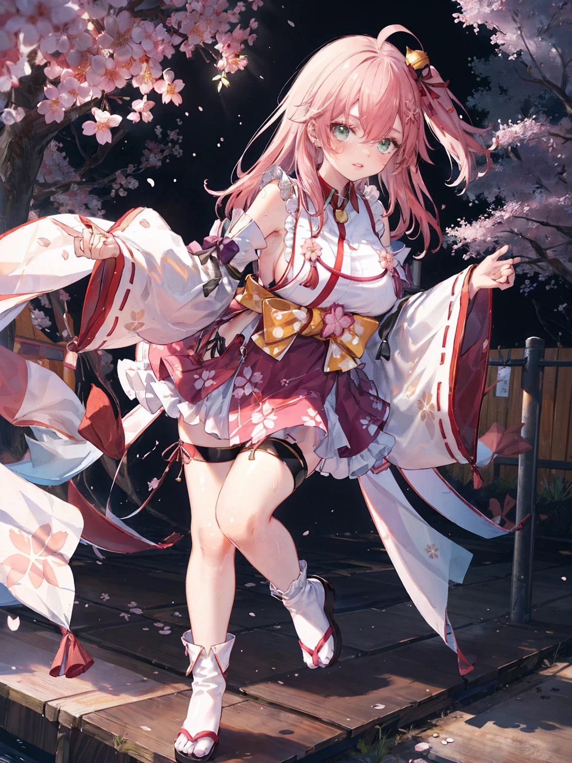 Plump thighs、Super huge breasts、カメラeye線、Embarrassed、(((Full body description)))、長いfoot、Sweat it out、SakuraFubuki、masterpiece, Highest quality, High resolution, Shrine maiden1, cherry blossoms_Shrine maiden, One person, big_tits, alone, Ahoge, Vatu_hair_ornament, pink_hair, Floral print, hairclip,(~ side_fewer_Clothes:1.5), (~ side_tits:1.5), hair_Bell, Floral print, length_hair, hair between eye, one ~ side up, White knee socks, asymmetrical footwear, wide sleeve, Open_mouth,(Happy:1.3),green_eye,big_smile,(rise_foot:1.3),Plump,Away_foots,(excessively_length_sleeve:1.3),),sleeve_past_hand首,hand_hidden_sleeve,~ sidelock_Clothes,dynamic_Pause,alone,hidden_hand首,(LOL:1.4),Covered_Nipples,sunlight,Cherry Blossom_background,