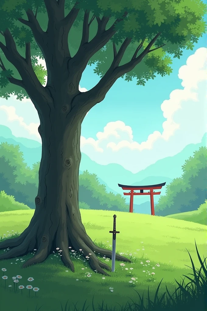 A tree in a green field with a Japanese portal and a katana sword stuck in the ground