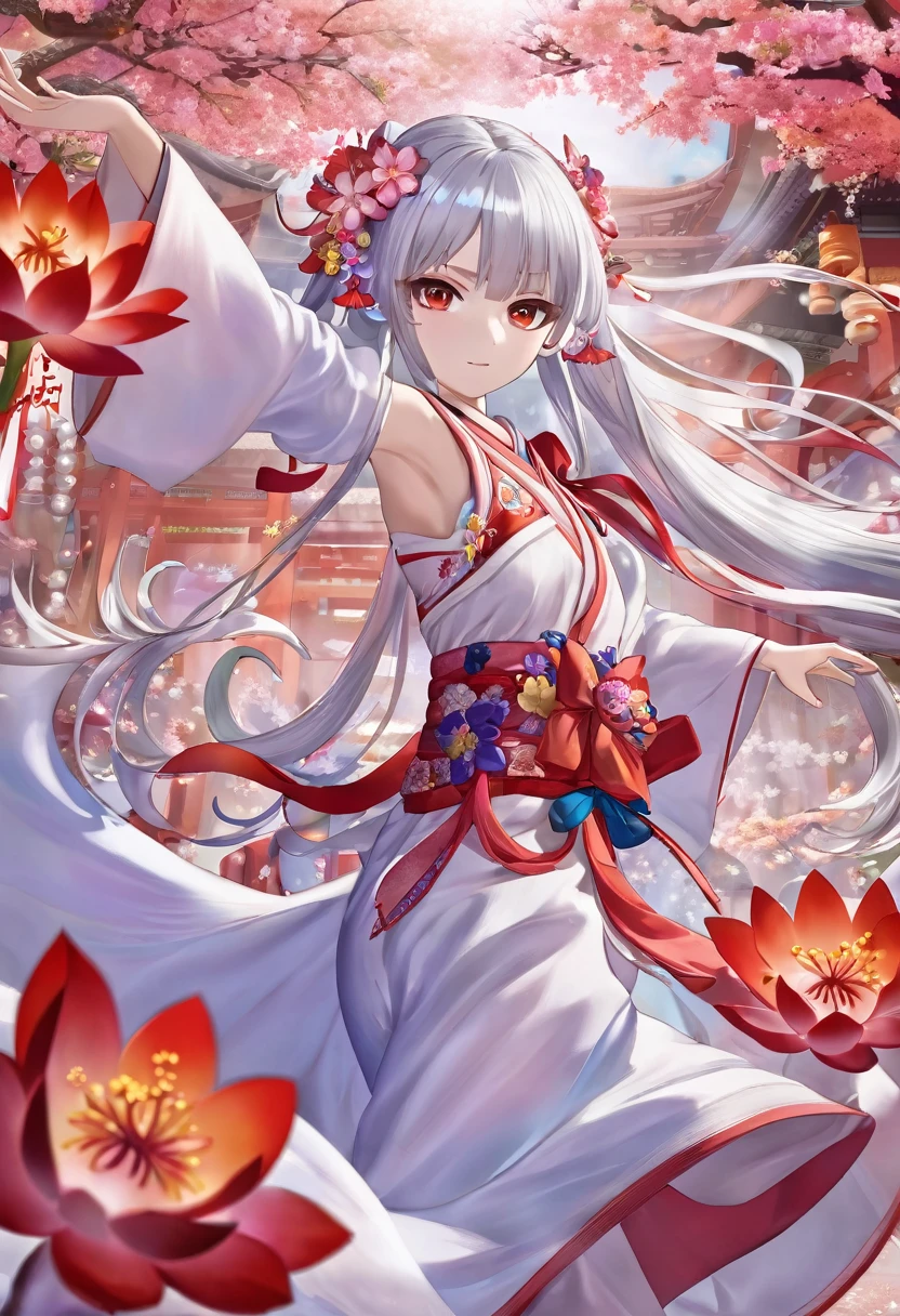 High definition、Miko costume、Half vermilion long silver hair、Full body portrait、beautiful girl、Long-hemmed outfit、Big iridescent eyes、Powerful eyes、Dancing Kagura Dance、Playing with spirits、Flowers sprout from beneath your feet