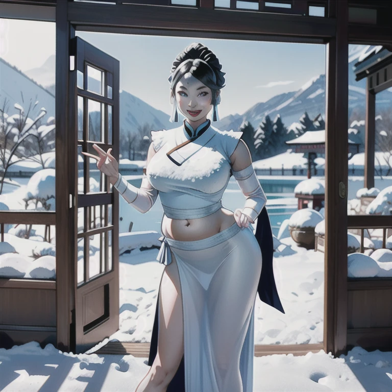 An elegant and intellectual classical Chinese woman, wearing a belly band, standing at the door with a smile on your face, her skin is more radiant than snow, and your eyes are like a pool of clear water. There's a slight air of books.