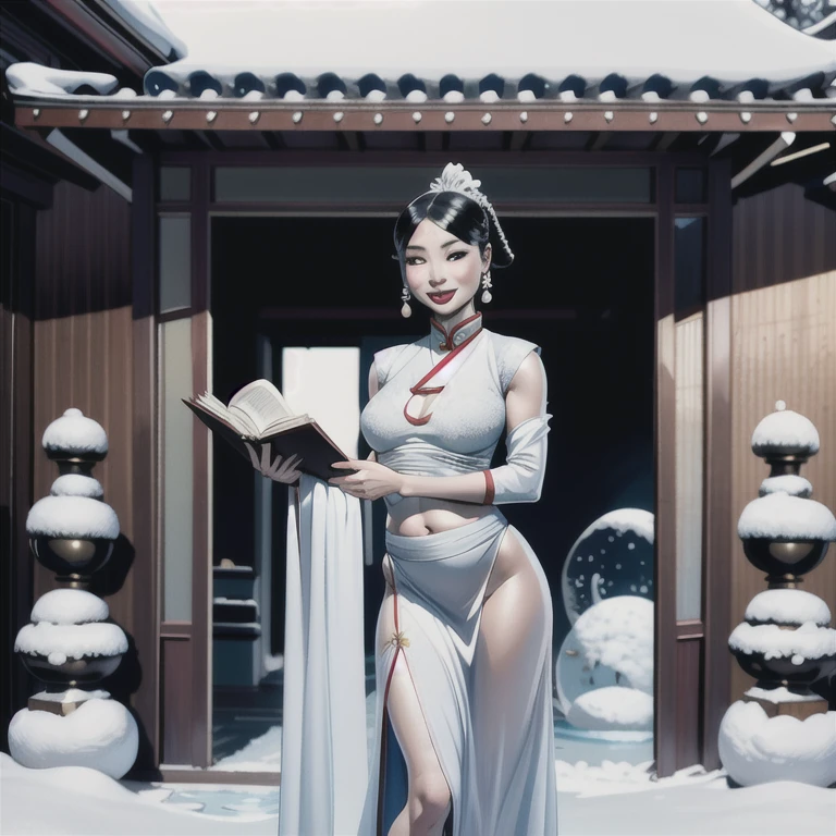 An elegant and intellectual classical Chinese woman, wearing a belly band, standing at the door with a smile on your face, her skin is more radiant than snow, and your eyes are like a pool of clear water. There's a slight air of books.