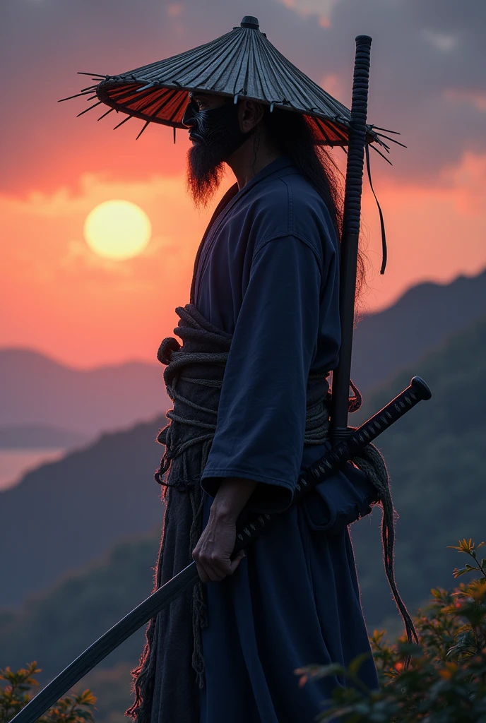 Crie uma wallpaper de uma samurai hermit com uma katana na cintura, make it so that it looks like he is looking at the horizon at dusk, With his hand on his sword, wearing stylish rags and a kasa straw hat, he also wears a Japanese demon mask.