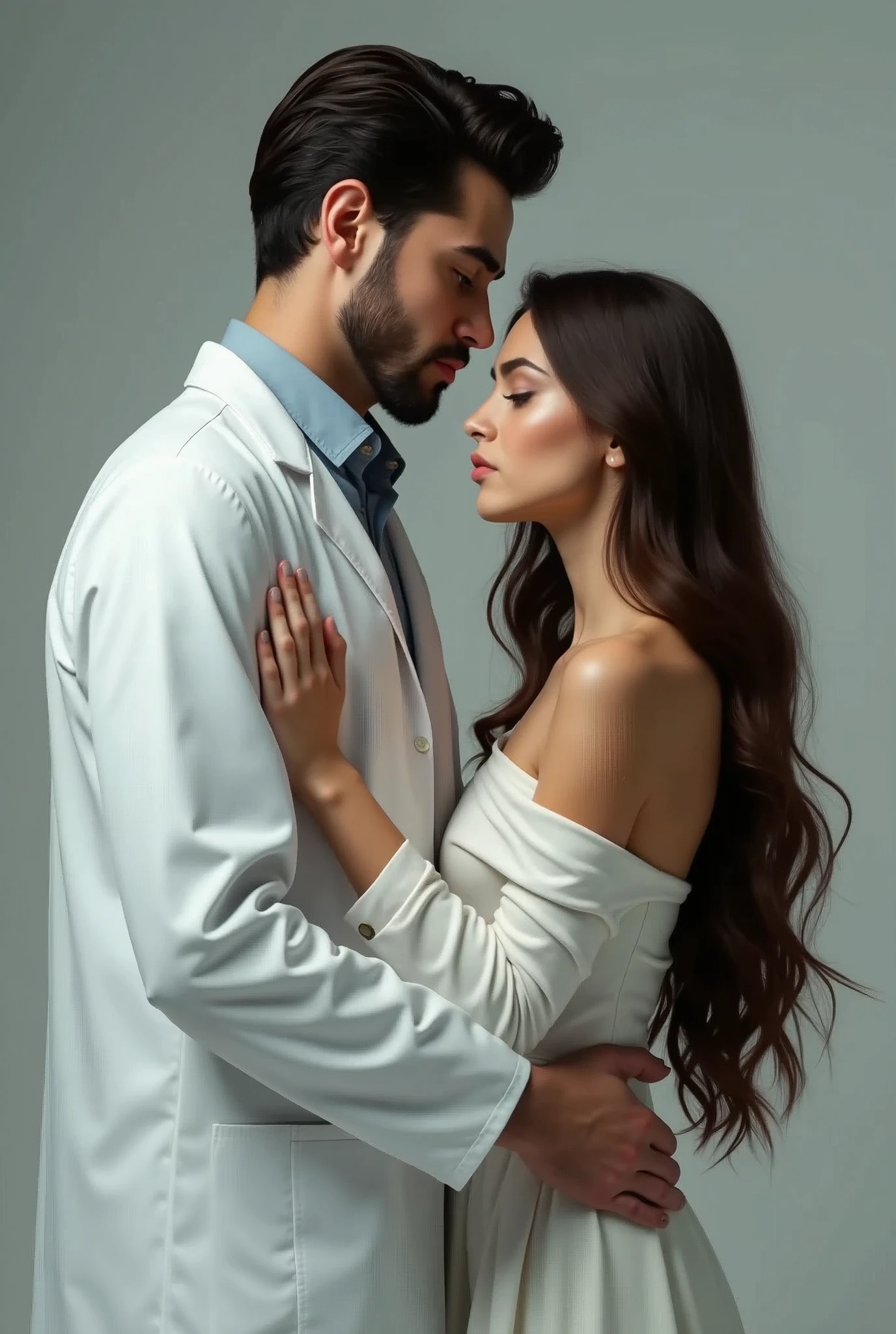Tall Caucasian doctor with black hair holding a beautiful brunette girl by the waist with a great connection between them