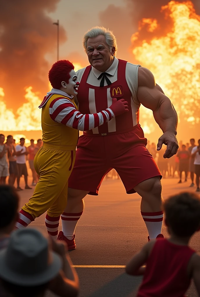 The muscular KFC gentleman, fighting with Ronald Macdonald in an open parking lot, with a lot of people around, taking pictures, burning tires and burning sky.