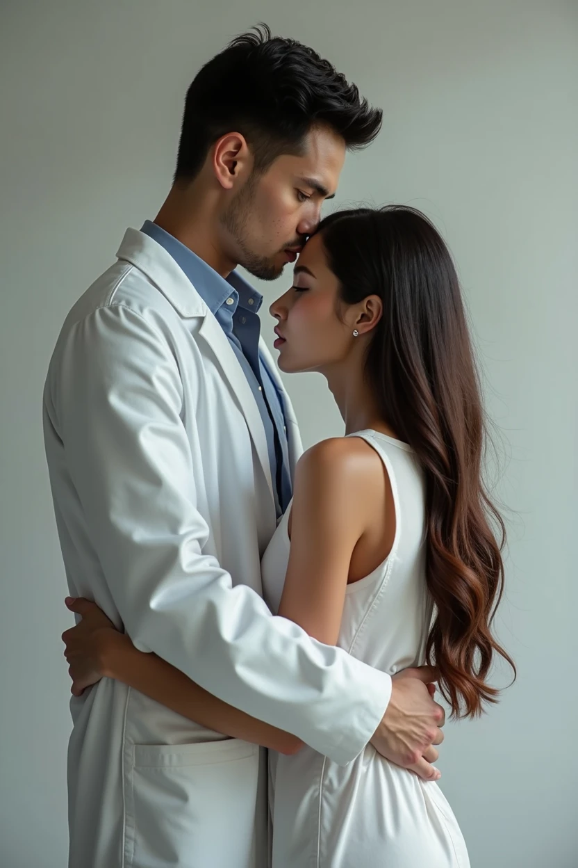 Tall Caucasian doctor with black hair holding a beautiful brunette girl by the waist with a great connection between them