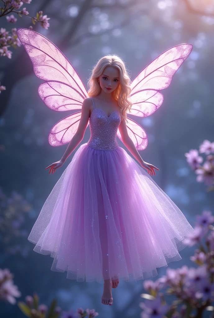 Imagine a charming fairy with bright lilac wings, made of a translucent material that reflects light with a soft glow. She is dressed in a delicate tulle gown that flows like a light cloud., also in lilac tones, sprinkled with tiny dots of glitter that catch and reflect the light, creating a sparkling effect. The combination of tulle and glitter gives an ethereal and magical air to your look., as she seems to float gracefully, wrapped in a soft glow.