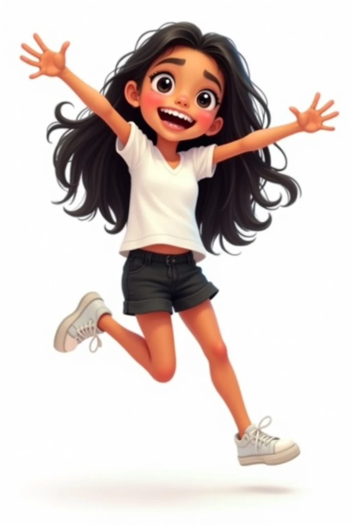 illustration of an avatar of an 8 year old Latino girl named lucy with long black beautiful hair ,wearing a white top and black shorts with white sneakers ,plain white background, isolated on white, jumping 
