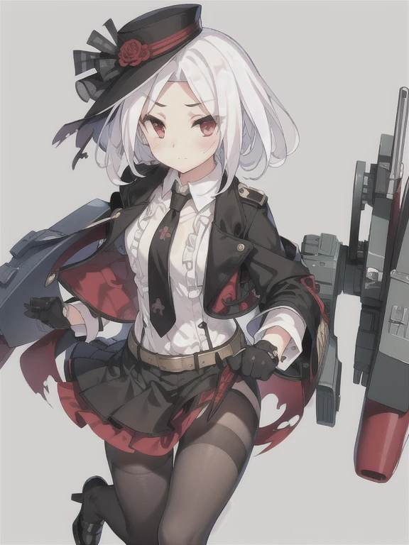 Vittorio_Veneto \(warship girls r\),((masterpiece)),(((best quality))),((ultra-detailed)),((illustration)),((disheveled hair)),((frills)),(1 girl),(solo),1girl,belt,black footwear,black gloves,black legwear,black skirt,blood,blush,breasts,broken,cannon,closed mouth,cup,damaged,fire,gloves,hat,jacket,long sleeves,looking at viewer,machinery,multicolored clothes,necktie,pantyhose,red eyes,rigging,saucer,shirt,shoes,skirt,smoke,solo,striped necktie,tea,teacup,tears,torn clothes,torn dress,torn gloves,torn jacket,torn legwear,torn pants,torn shirt,torn skirt,uniform,white hair,wine glass,short hair,