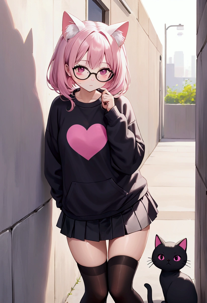 I have white pink hair, cat ears, a bun, my face is super blushing, black glasses, pink heart eyes, a big pink sweatshirt, a black skirt, black stockings, white shoes, a cat&#39;s tail, a girl. very shy that she is glued to a wall with her butt