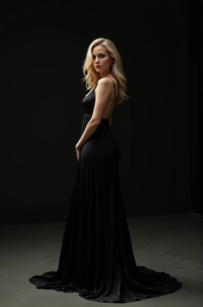 Beautiful blonde girl identical to Jennifer Lawrence wearing long black dress and standing in a dark and empty room