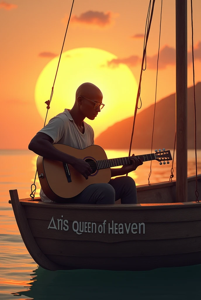 sunrise on a beach, bald dark-skinned man with glasses playing a guitar, on a boat named Aris Queen of Heaven