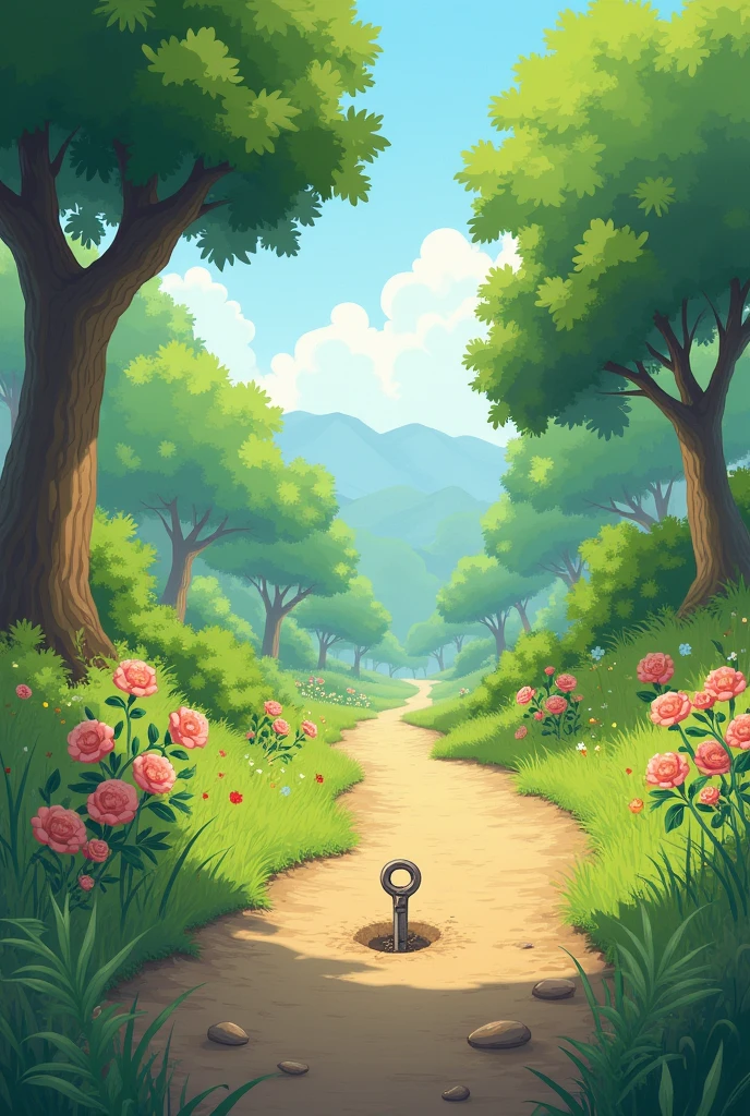The surroundings are covered with trees and flowers are blooming. On that road, a key is stuck in the ground. A relaxed illustration of nature. A little cute key.