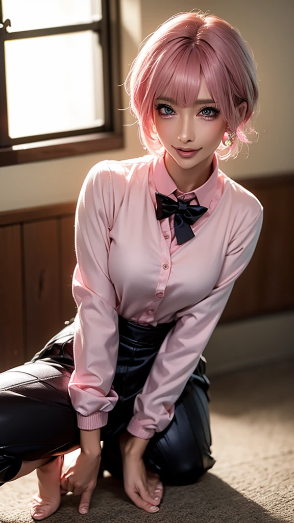 (Highest quality), Realistic, (live-action),(Short Hair,Sharp bangs)Showing off your crotch,Highest quality,Highest quality,8k images,Pink Hair,High heels,school uniform,(破れたschool uniform)Small face,((Big Breasts))