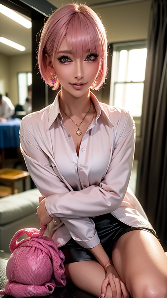 (Highest quality), Realistic, (live-action),(Short Hair,Sharp bangs)Showing off your crotch,Highest quality,Highest quality,8k images,Pink Hair,High heels,school uniform,(破れたschool uniform)Small face,((Big Breasts))